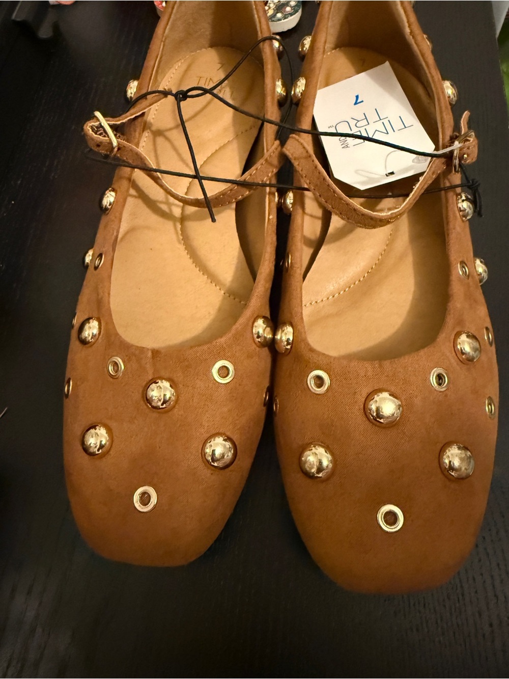 Time and Tru Brown Mary Jane Flats with Gold Studs